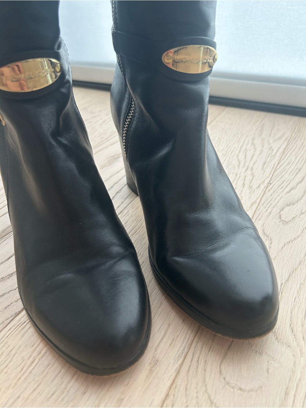 Michael Kors Black Leather Knee-High Buckle Heeled Boots - Picture 4 of 7